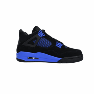 Jordan 4 Blue Thunder replica sneaker featuring black suede upper and vibrant electric blue detailing.